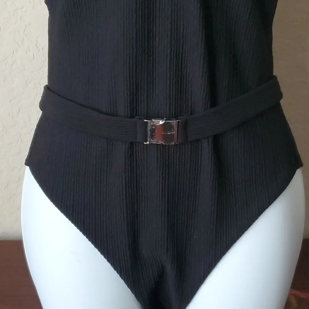 Ribbed Black One Piece Swimsuit Size Large Cheeky Belted One-Piece Swimwear** - Picture 8 of 8